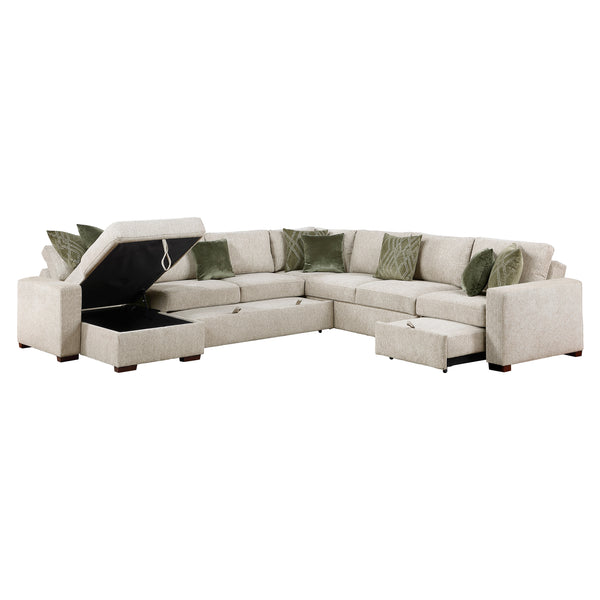 Isla Sage Sand 5-Piece Modular Sectional with Dual Pull-Out Beds and Storage Chaise