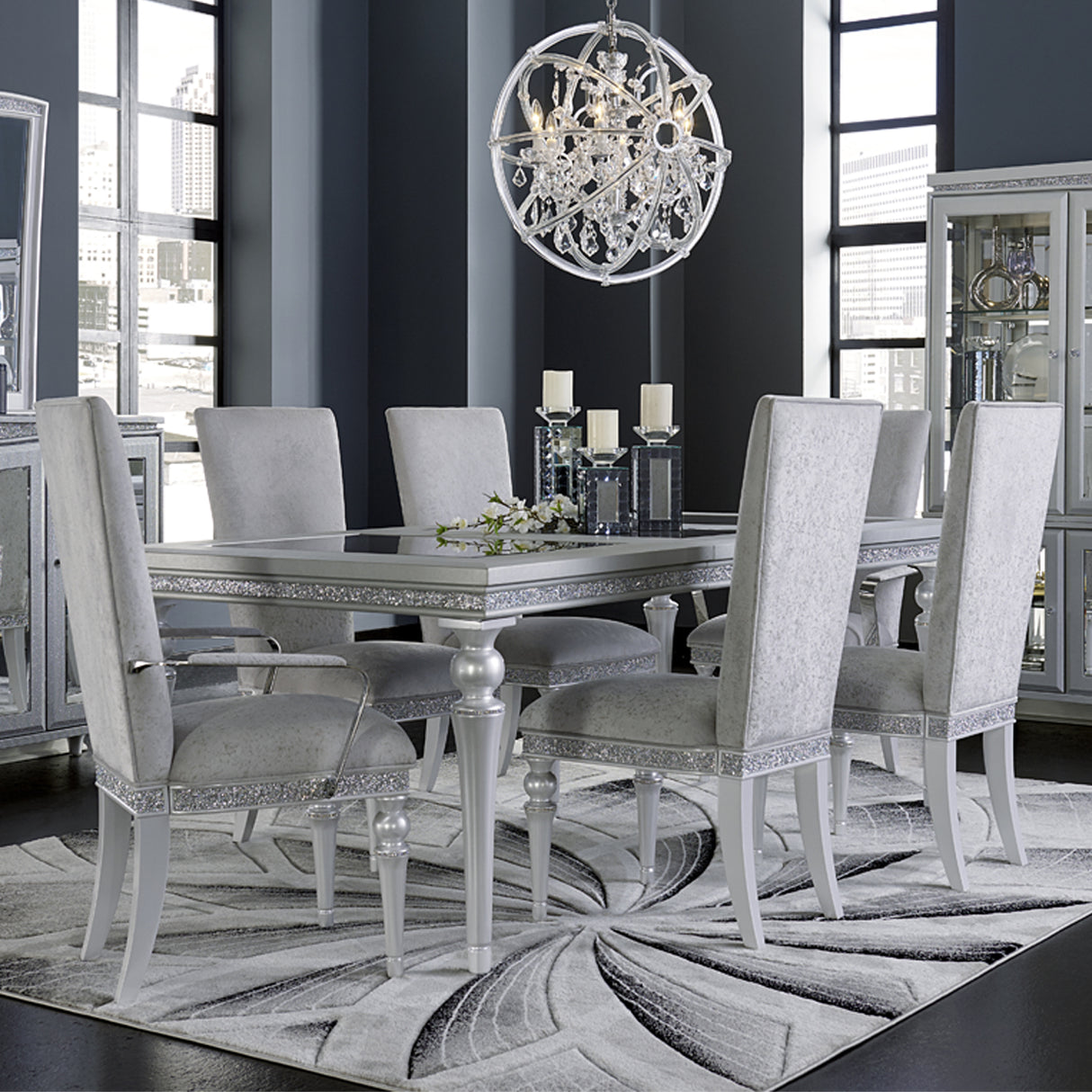 Melrose Plaza Dove Upholstered Dining Table from Michael Amini - Luna Furniture