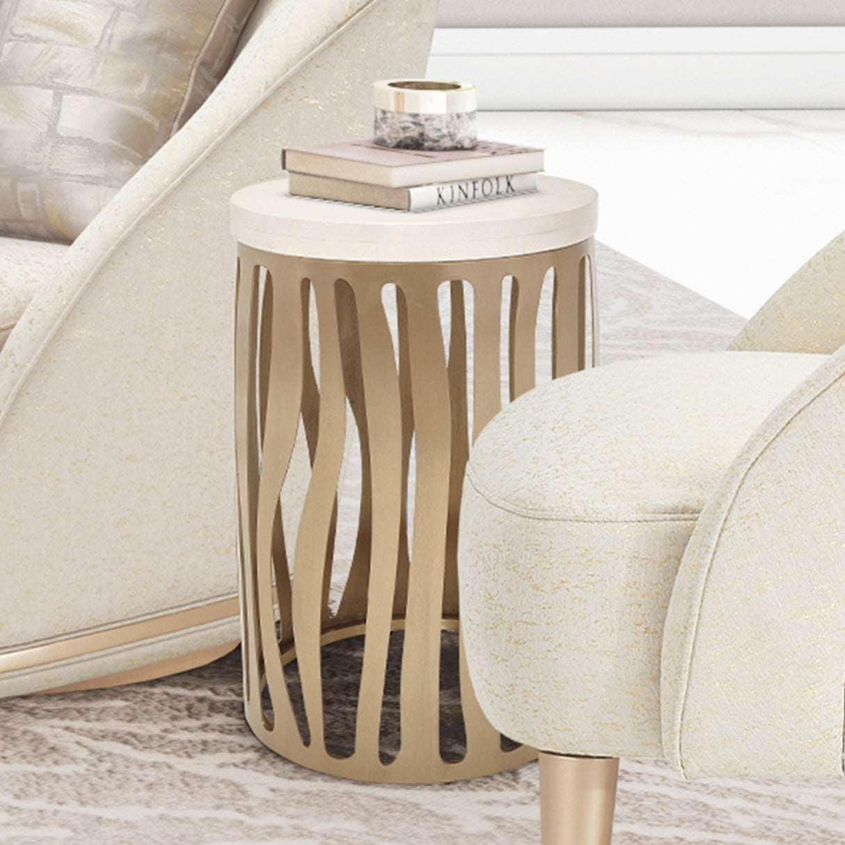 La Rachelle Medium Champagne Round Chairside Table from Michael Amini - Luna Furniture