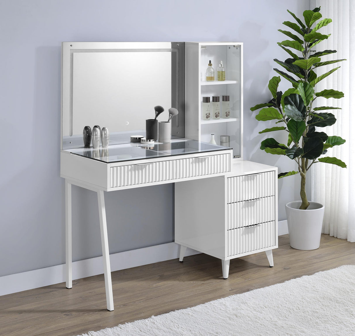 Souza White High Gloss 5-Drawer Makeup Vanity Table With LED Mirror from Coaster - Luna Furniture