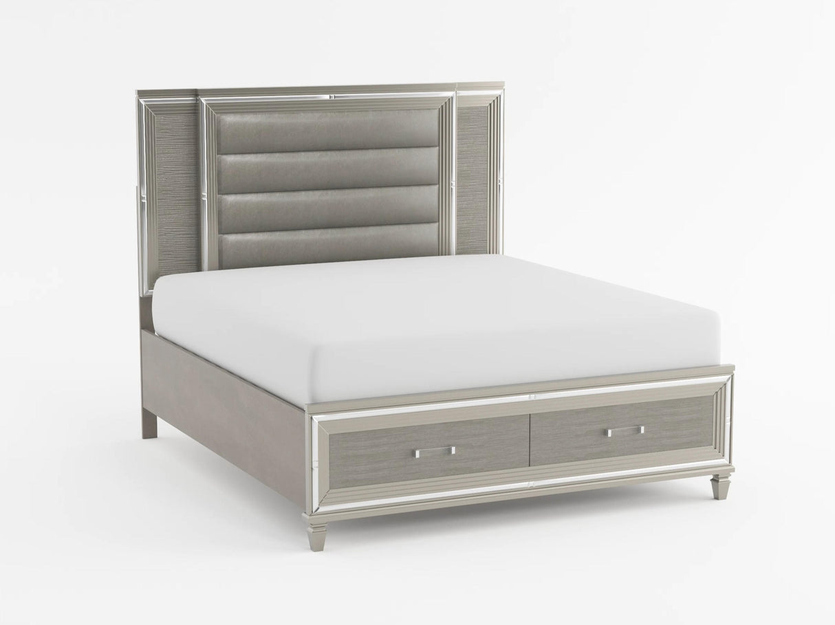 Tamsin Silver/Gray Metallic Eastern King Platform Bed with Footboard Storage, LED Lighting from Homelegance - Luna Furniture