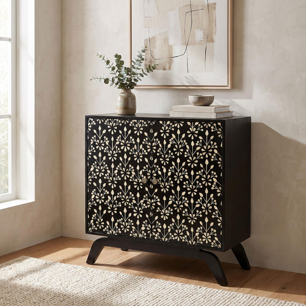 Marlon Black 2-Door Floral Bone Inlay Accent Cabinet