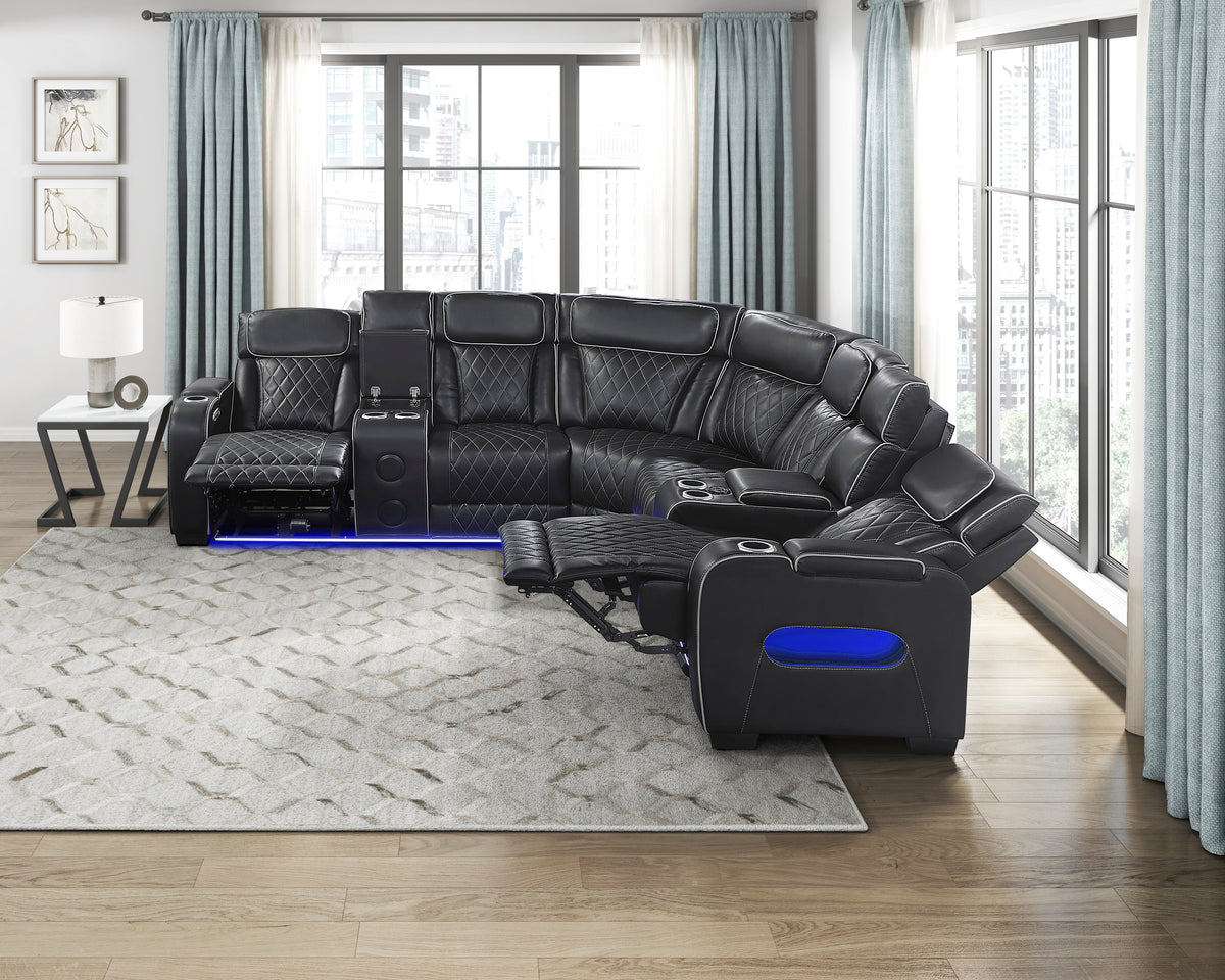 Fairway Black 3-Piece Power Reclining Sectional with Console, Power Headrests and LED Lighting from Homelegance - Luna Furniture