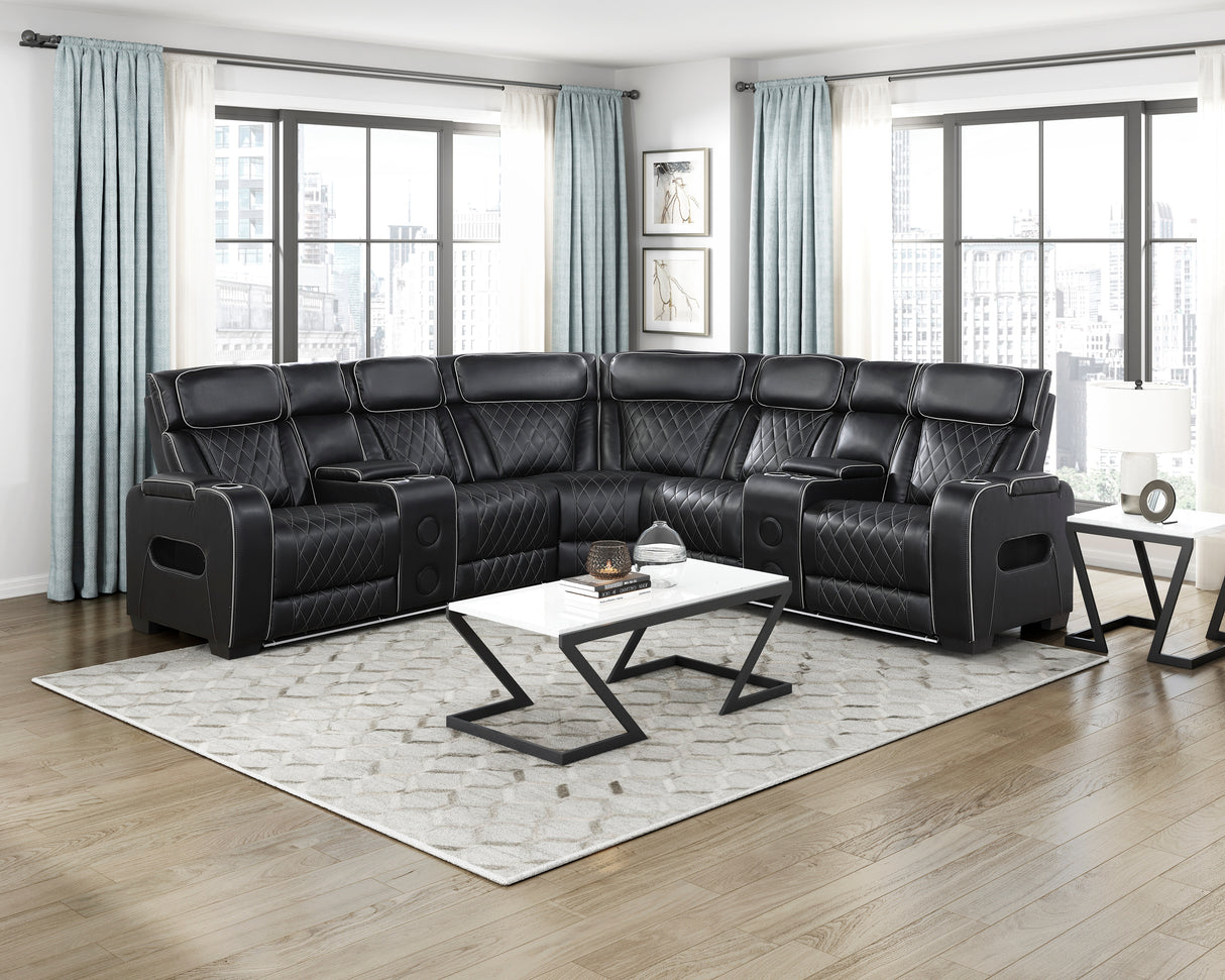 Fairway Black 3-Piece LED Power Reclining Sectional with Consoles and Wireless speakers from Homelegance - Luna Furniture