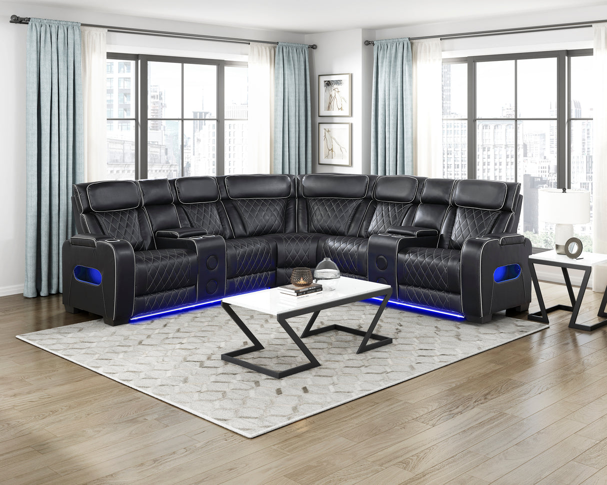 Fairway Black 3-Piece LED Power Reclining Sectional with Consoles and Wireless speakers from Homelegance - Luna Furniture