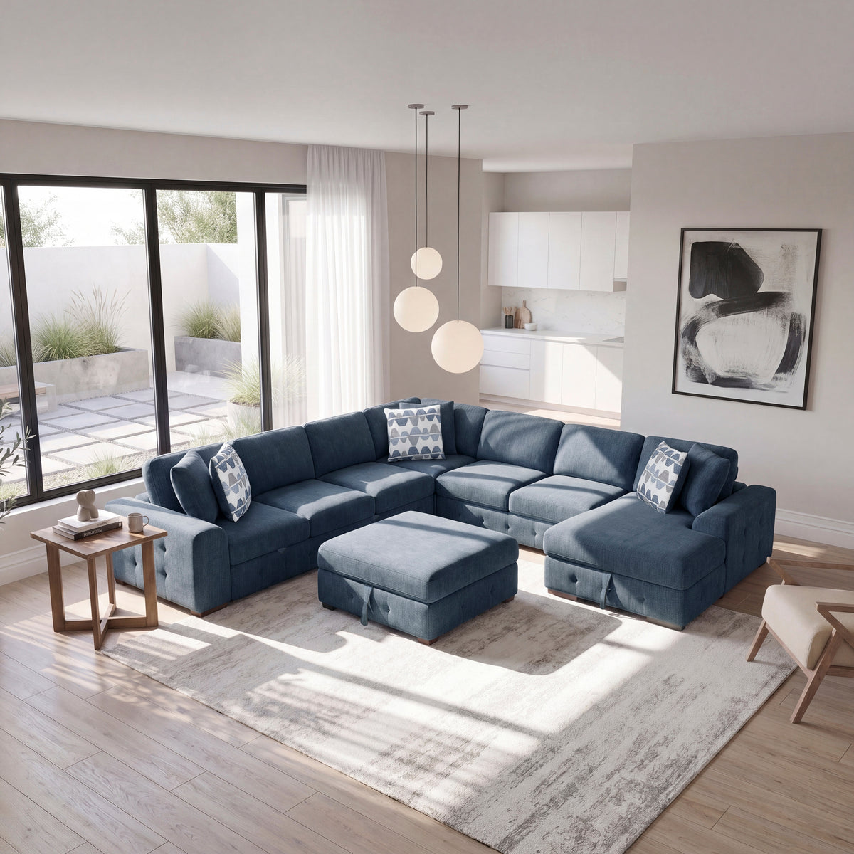 Raife Blue 5-Piece Right Chaise Sectional with Ottoman