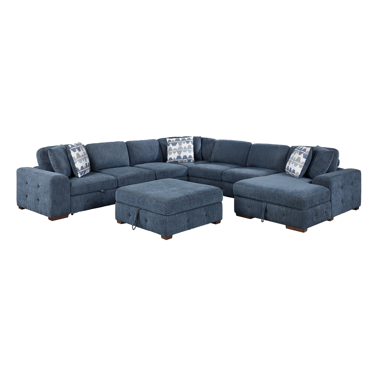 Raife Blue 5-Piece Right Chaise Sectional with Ottoman
