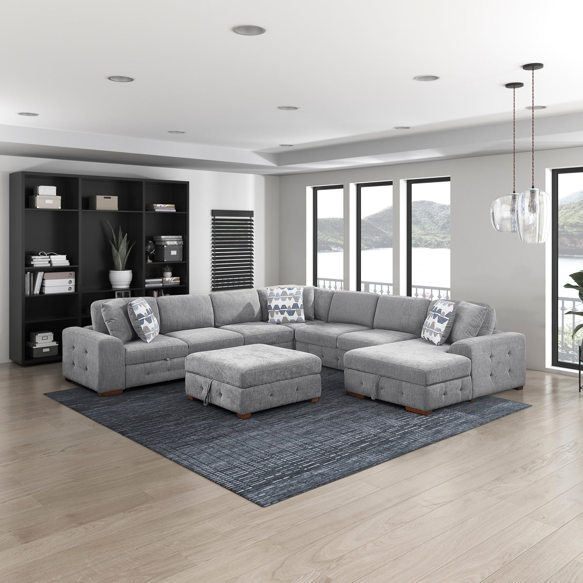 Raife Gray 5-Piece Right Chaise Sectional with Ottoman