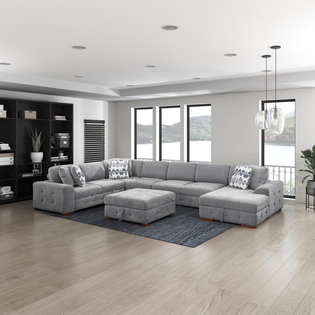 Raife Gray 5-Piece Right Chaise Sectional with Ottoman