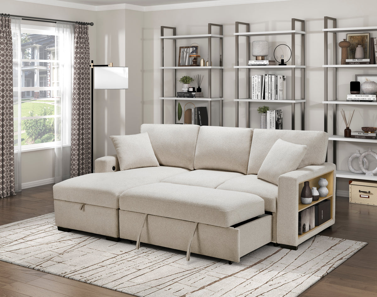 Pompano Beige 3-Piece Sectional with Left Chaise, Pull-out Bed and Hidden Storages, Charging Ports from Homelegance - Luna Furniture