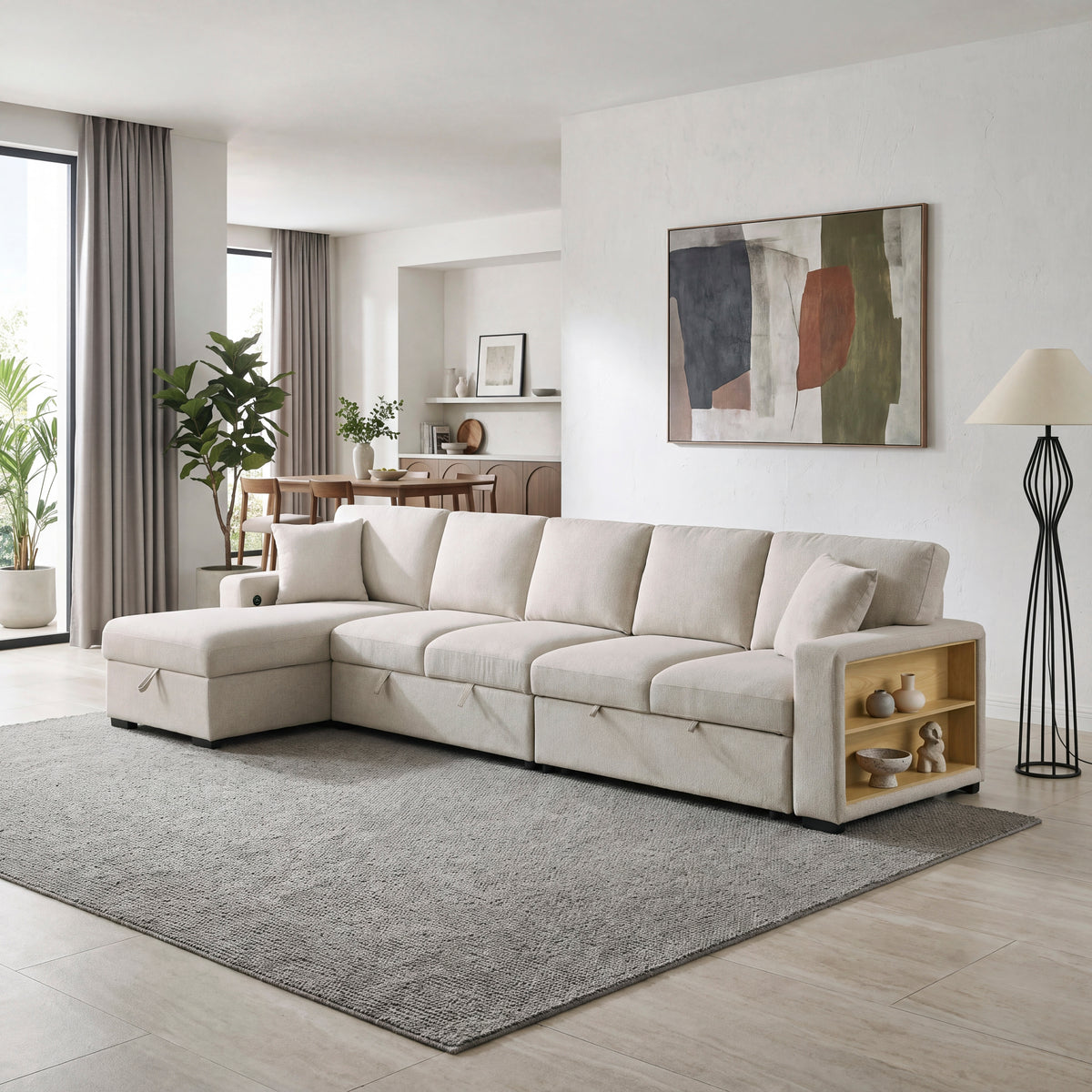 Pompano Beige 3-Piece Sectional with Left Chaise, Pull-out Bed and Hidden Storages, Charging Ports from Homelegance - Luna Furniture