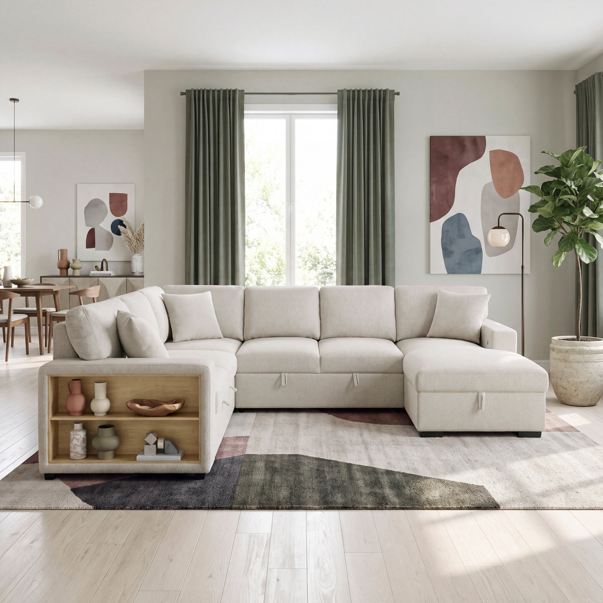 Pompano Beige 4-Piece Sectional with Right Chaise, Pull-out Bed and Hidden Storages, Charging Ports from Homelegance - Luna Furniture