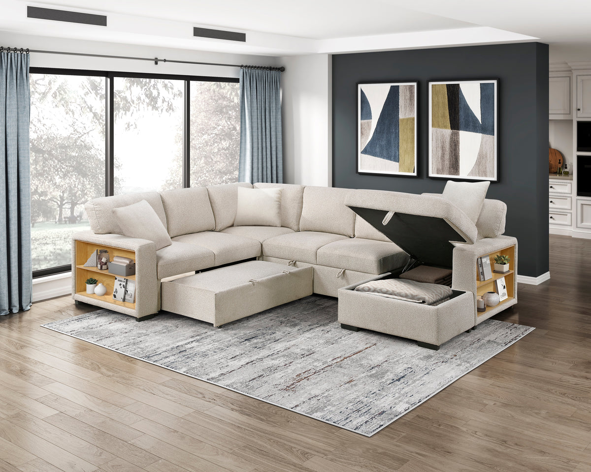 9630BE*4LC2R (4)Sectional with Left Chaise, Pull-out Bed and Hidden Storages, Charging Ports from Homelegance - Luna Furniture