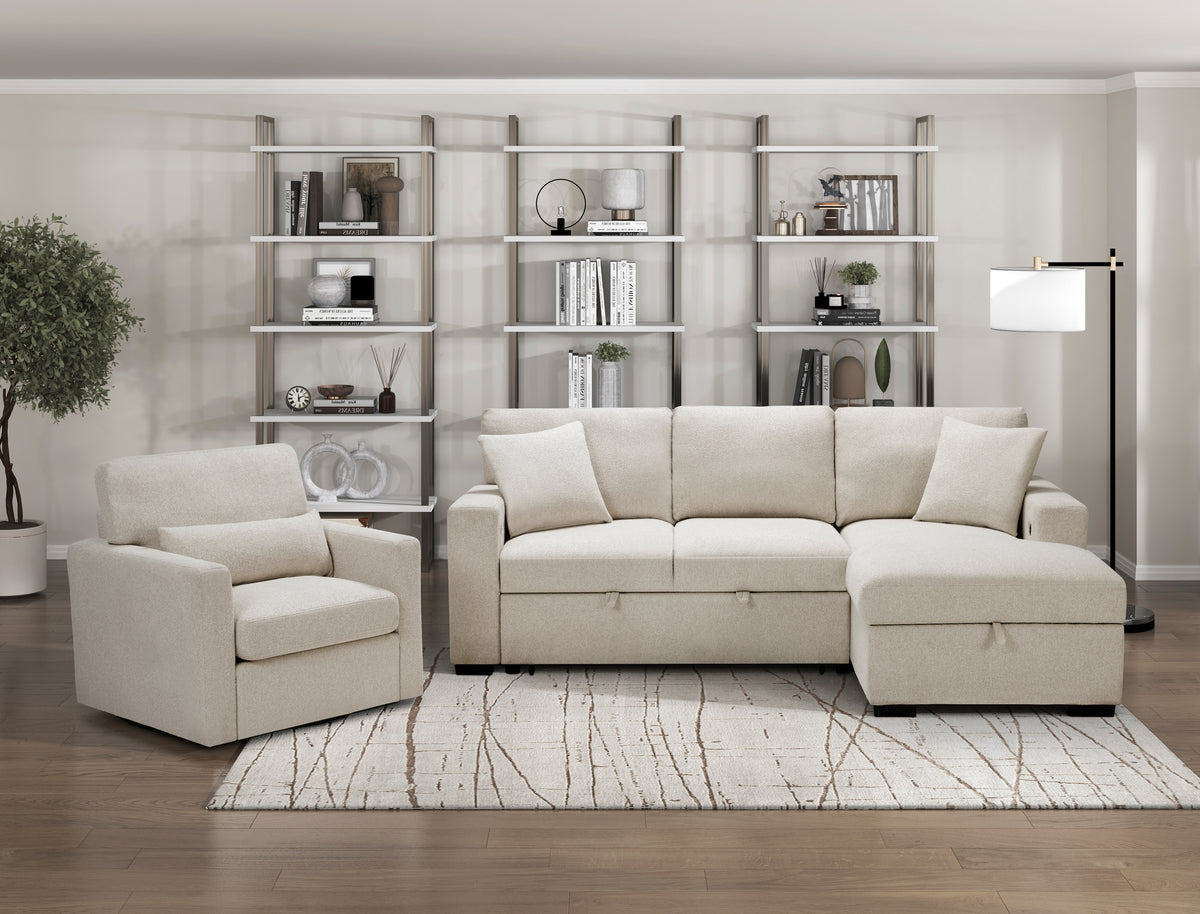 9630BE*22LRC (2)Sectional with Right Chaise, Pull-out Bed and Hidden Storage, Charging Ports from Homelegance - Luna Furniture