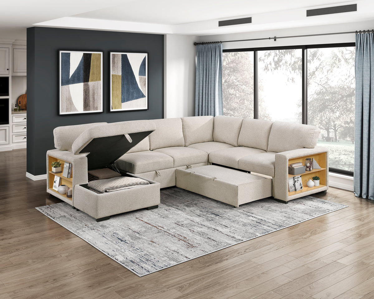 9630BE*4LC2R (4)Sectional with Left Chaise, Pull-out Bed and Hidden Storages, Charging Ports from Homelegance - Luna Furniture