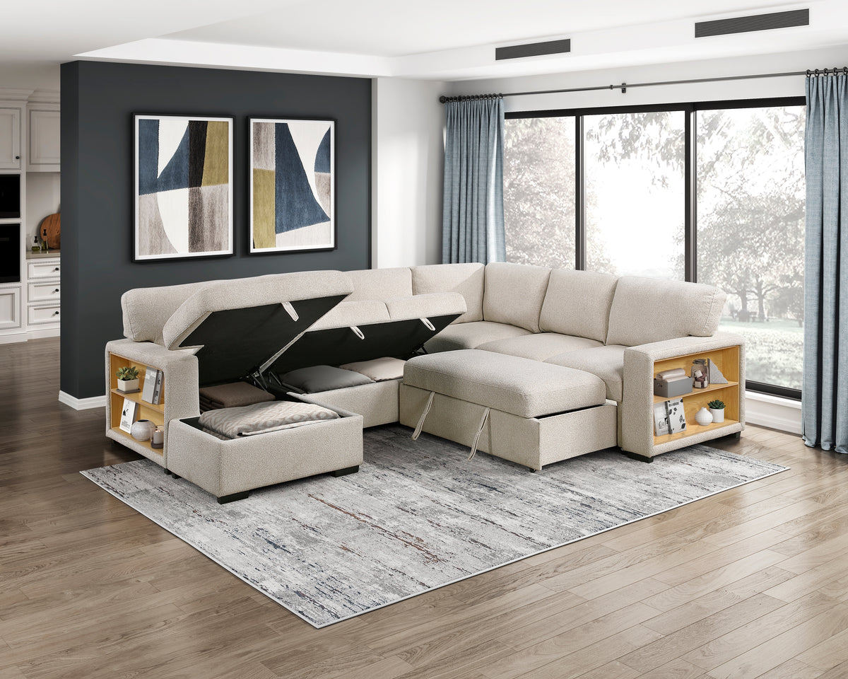 9630BE*4LC2R (4)Sectional with Left Chaise, Pull-out Bed and Hidden Storages, Charging Ports from Homelegance - Luna Furniture