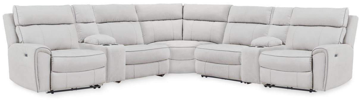 Social Pointe Pearl/Ash 7-Piece Reclining Sectional with Storage Consoles from Ashley Furniture - Luna Furniture