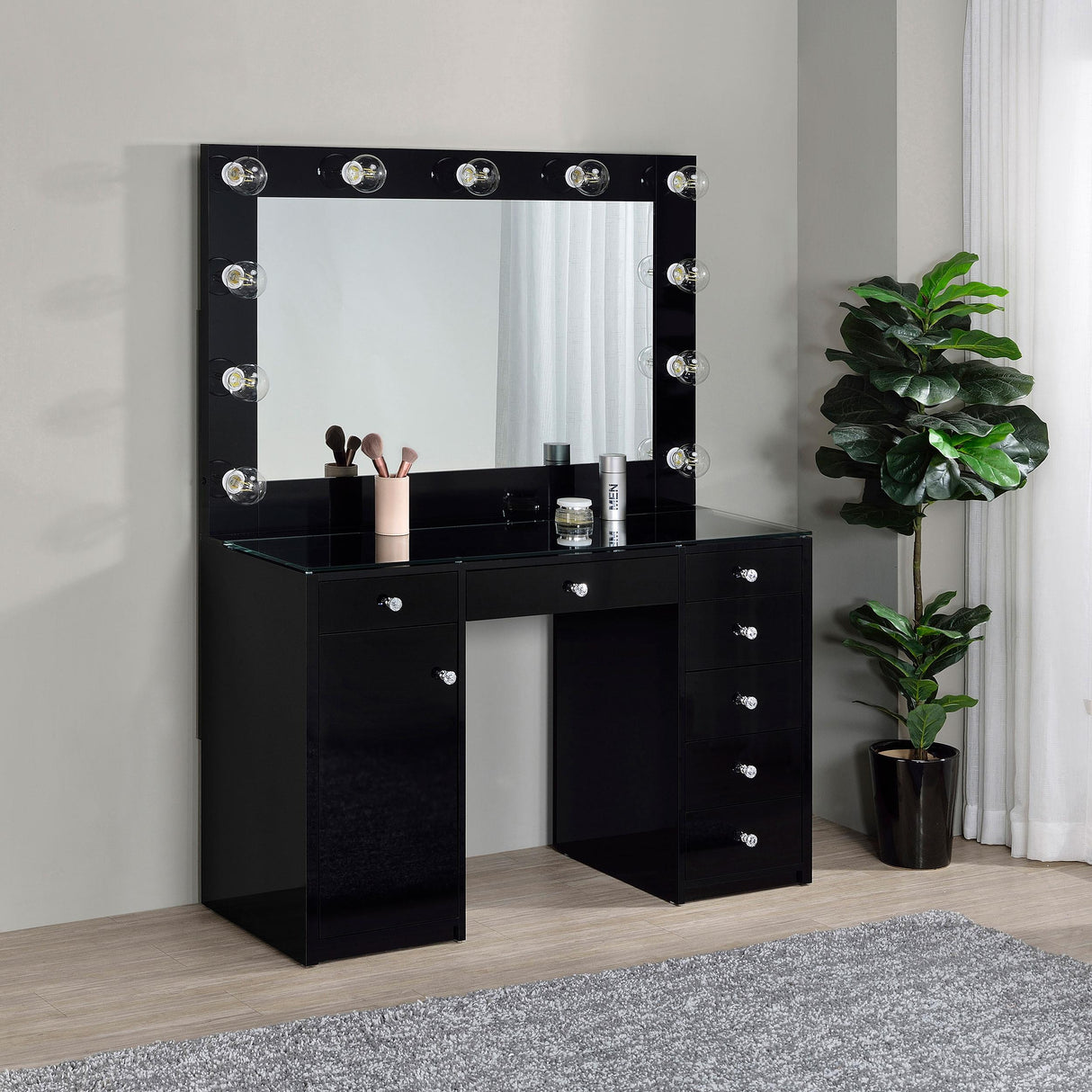 Acena Black High Gloss 7-Drawer Vanity Set with Lighting from Coaster - Luna Furniture