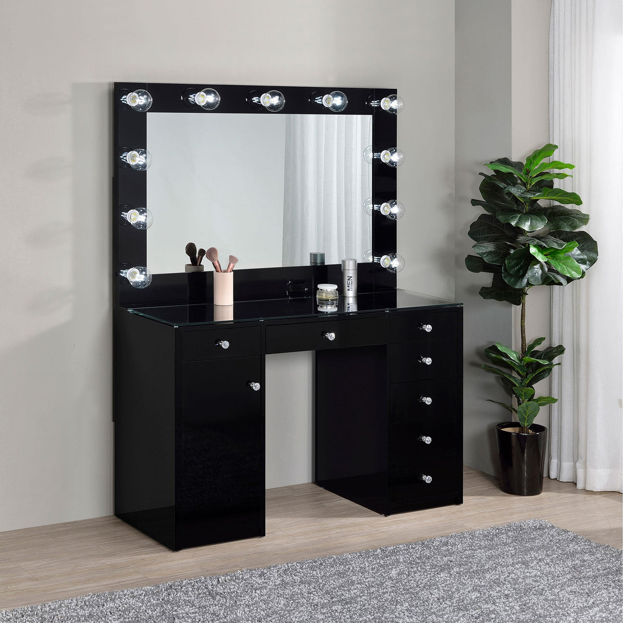 Acena Black High Gloss 7-Drawer Vanity Set with Lighting from Coaster - Luna Furniture