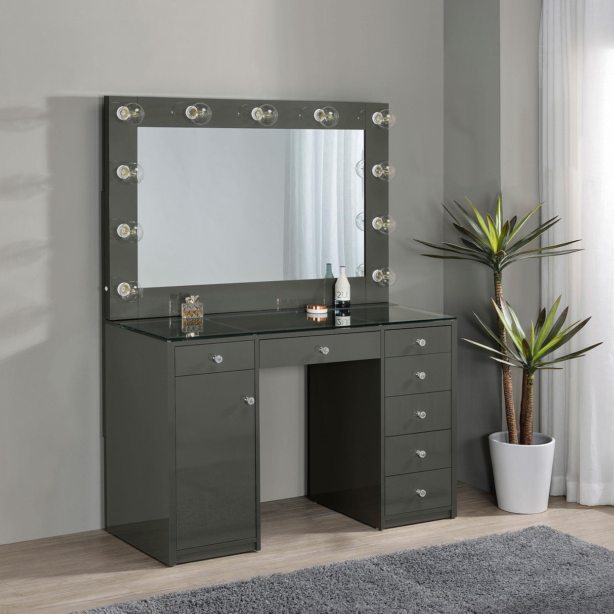 Acena Gray High Gloss 7-Drawer Vanity Set with Lighting from Coaster - Luna Furniture