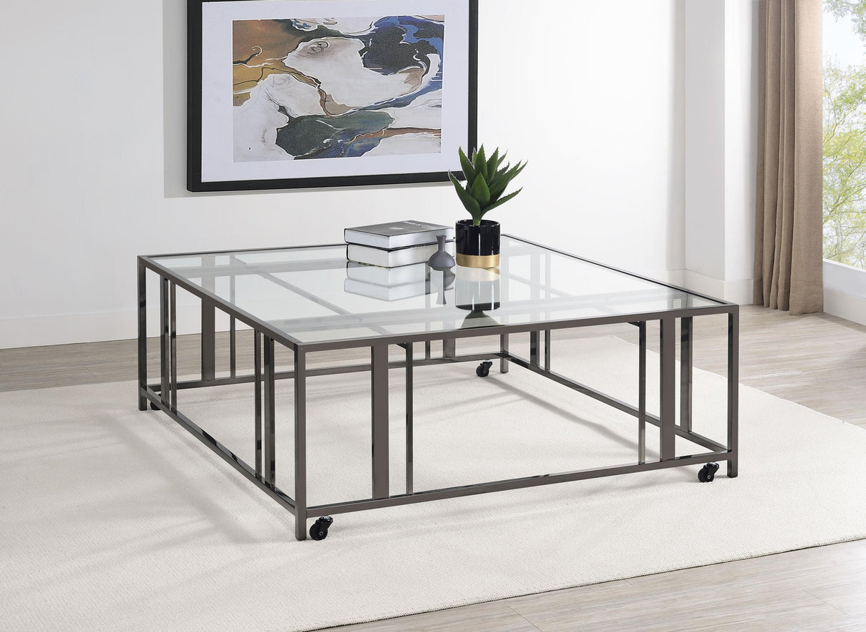 Adri Black Nickel Square Glass Top Coffee Table with Casters from Coaster - Luna Furniture