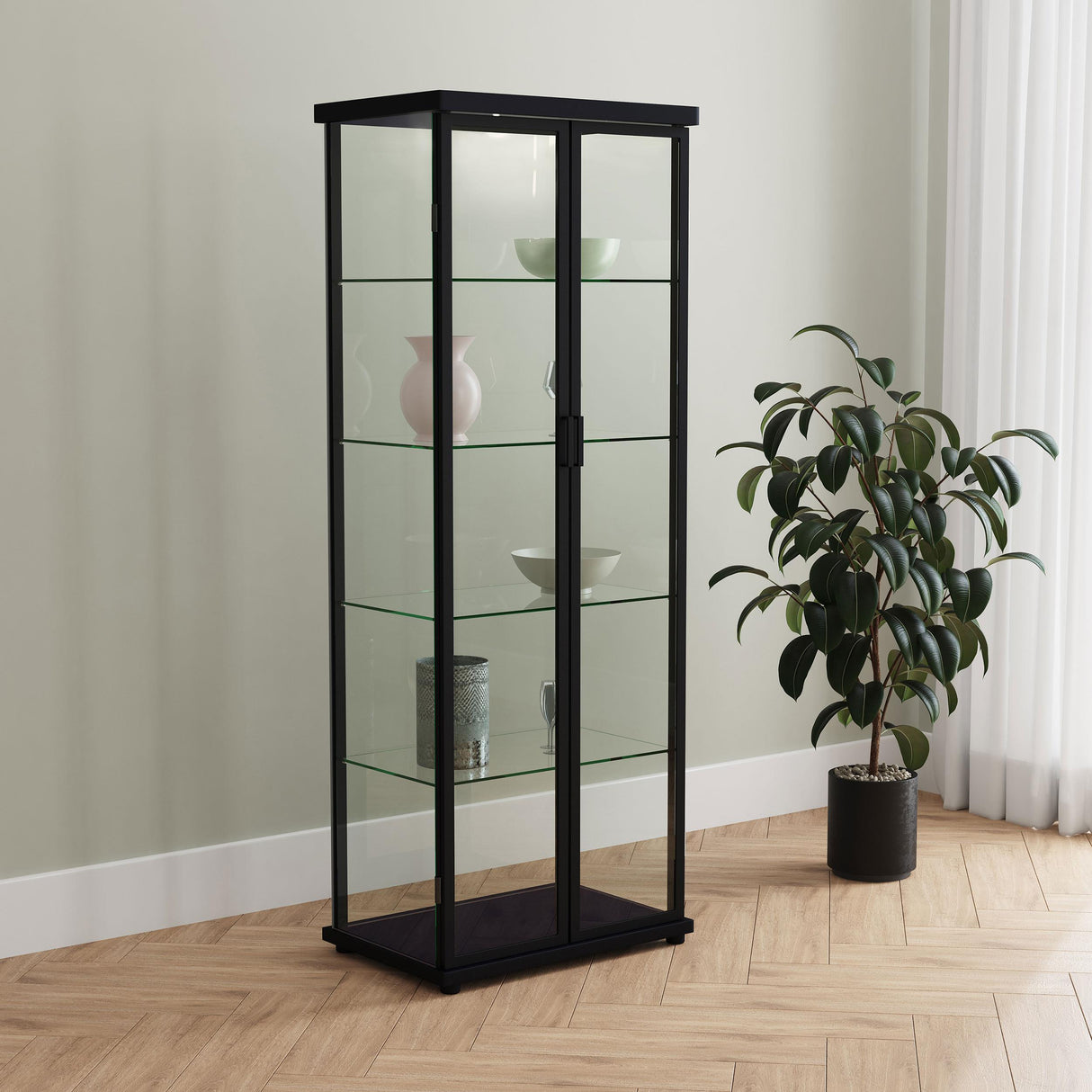 Aero Black 5-Shelf Display Curio Cabinet with LED and Clear Tempered Glass Shelves from Coaster - Luna Furniture