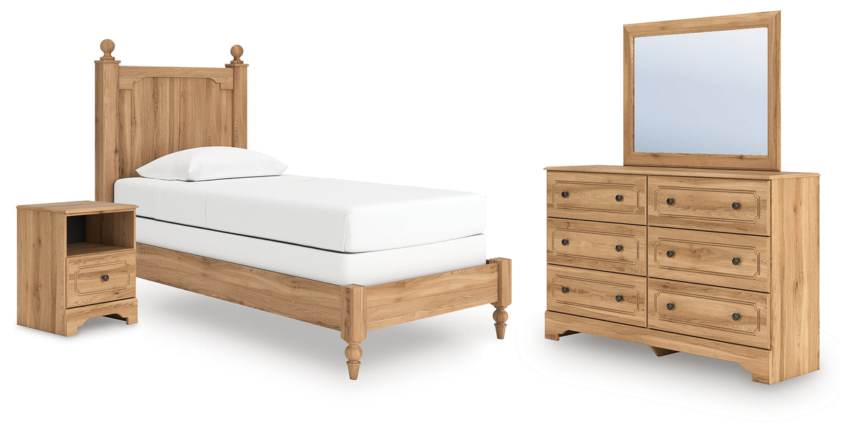 Aleaport Twin Panel Bed with Mirrored Dresser and Nightstand in Warm Brown from Ashley Furniture - Luna Furniture