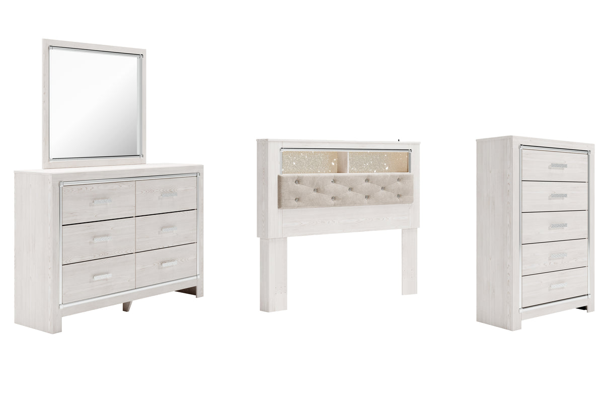 Altyra Queen Bookcase Headboard Bed with Mirrored Dresser and Chest in White from Ashley - Luna Furniture