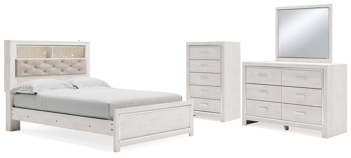 Altyra Queen Panel Bookcase Bed with Mirrored Dresser and Chest in White from Ashley - Luna Furniture