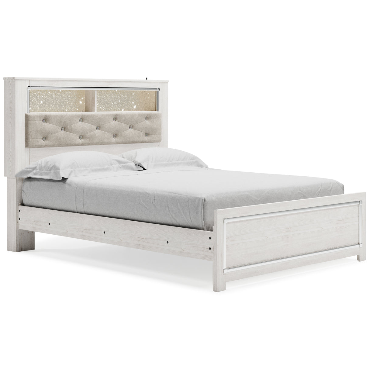 Altyra Queen Panel Bookcase Bed with Mirrored Dresser and Chest in White from Ashley - Luna Furniture