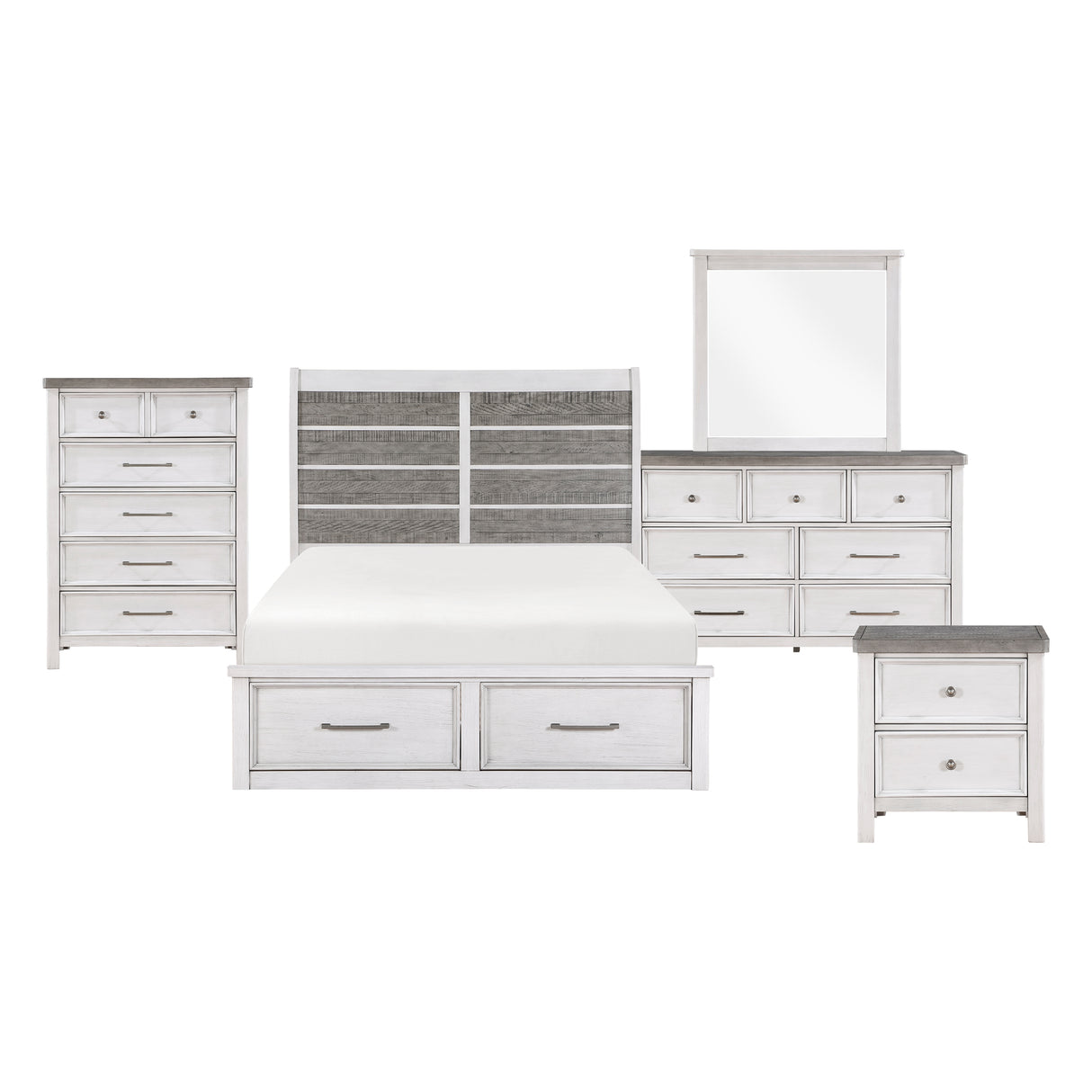 Ambrose Antique White/Gray 5-Piece Bedroom Set (Queen Bed, Nightstand, Dresser, Mirror, Chest) from Homelegance - Luna Furniture