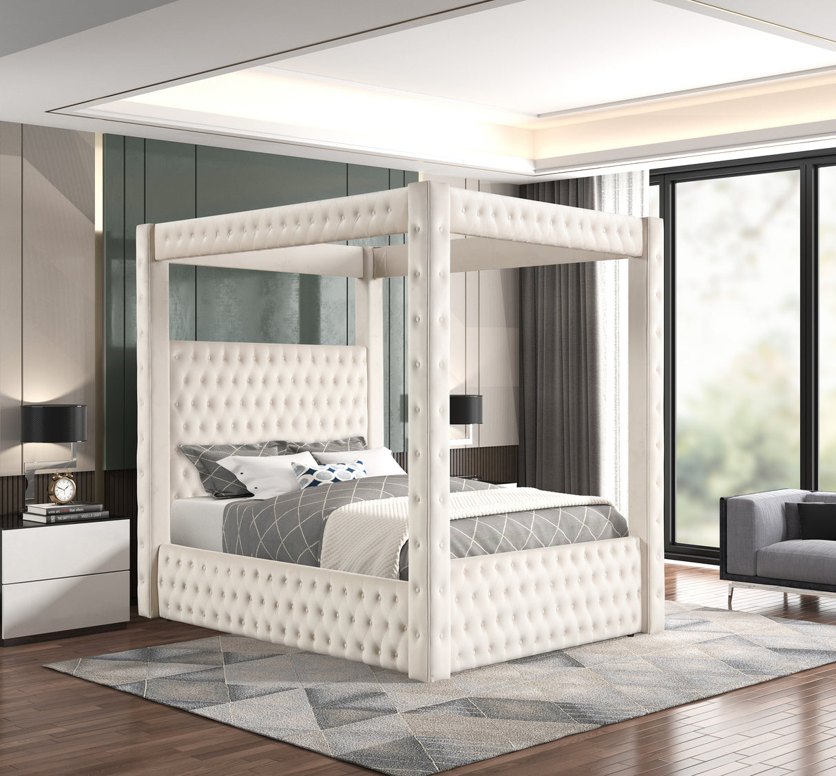 Annabelle Ivory Velvet Queen Canopy Bed from Crown Mark - Luna Furniture
