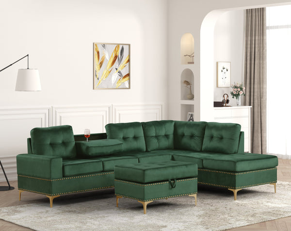 Anserra Green Reversible Sectional with Ottoman