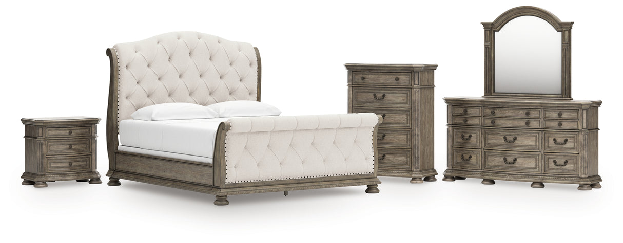 Ardenfield California King Upholstered Sleigh Bed with Mirrored Dresser, Chest and Nightstand in Light Brown from Ashley Furniture - Luna Furniture