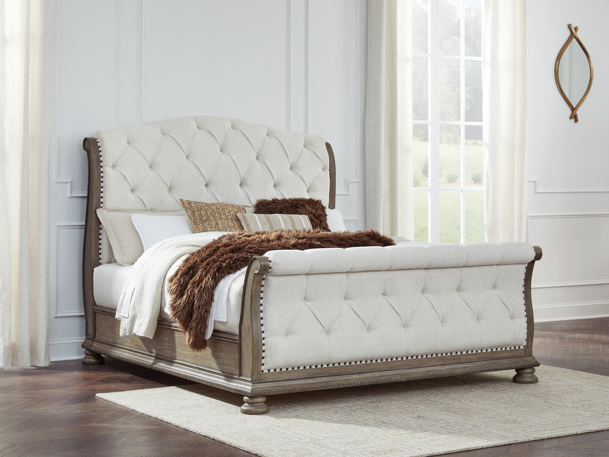Ardenfield California King Upholstered Sleigh Bed with Mirrored Dresser and Nightstand in Light Brown from Ashley Furniture - Luna Furniture