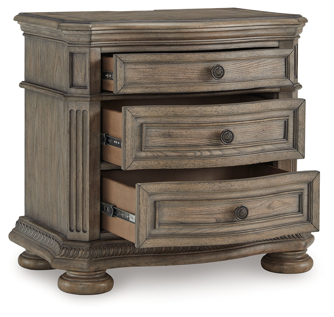 Ardenfield King Upholstered Sleigh Bed with Mirrored Dresser and Nightstand in Light Brown from Ashley Furniture - Luna Furniture
