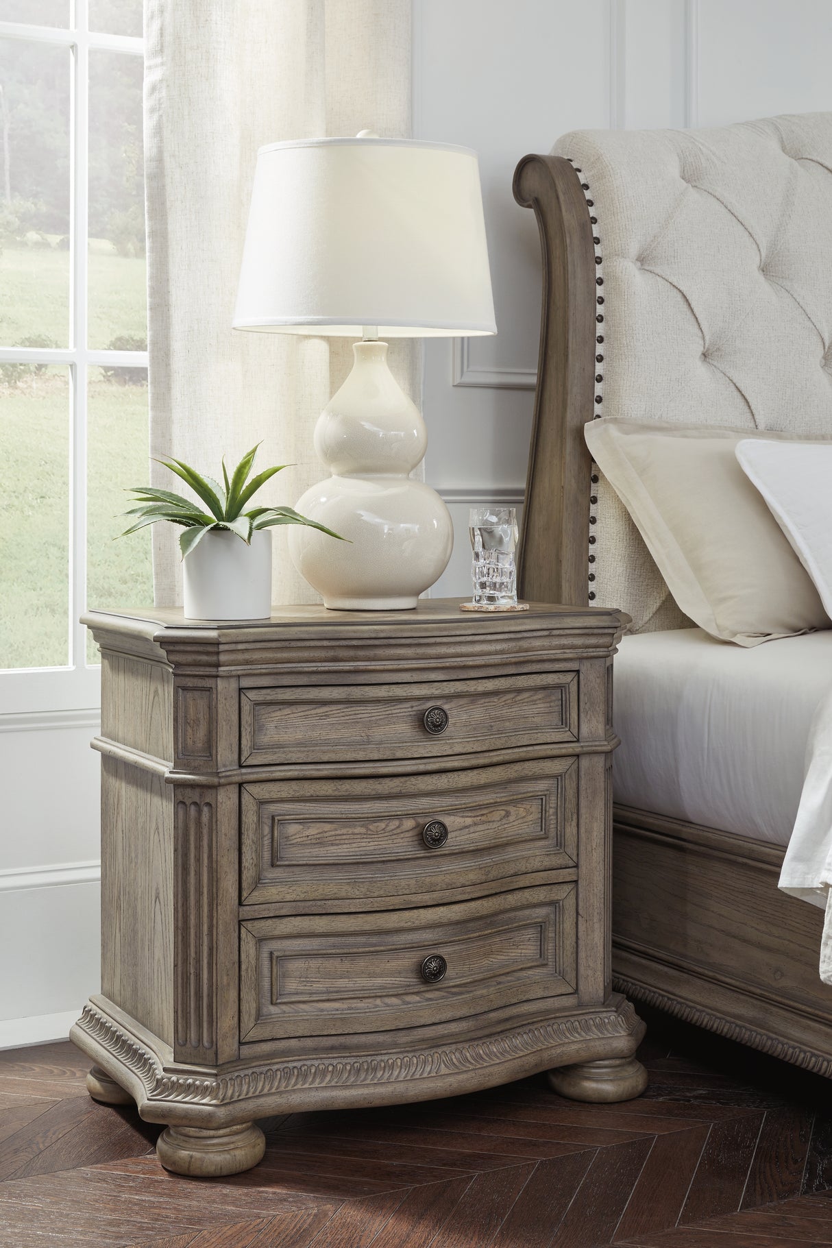 Ardenfield King Upholstered Sleigh Bed with Mirrored Dresser and Nightstand in Light Brown from Ashley Furniture - Luna Furniture