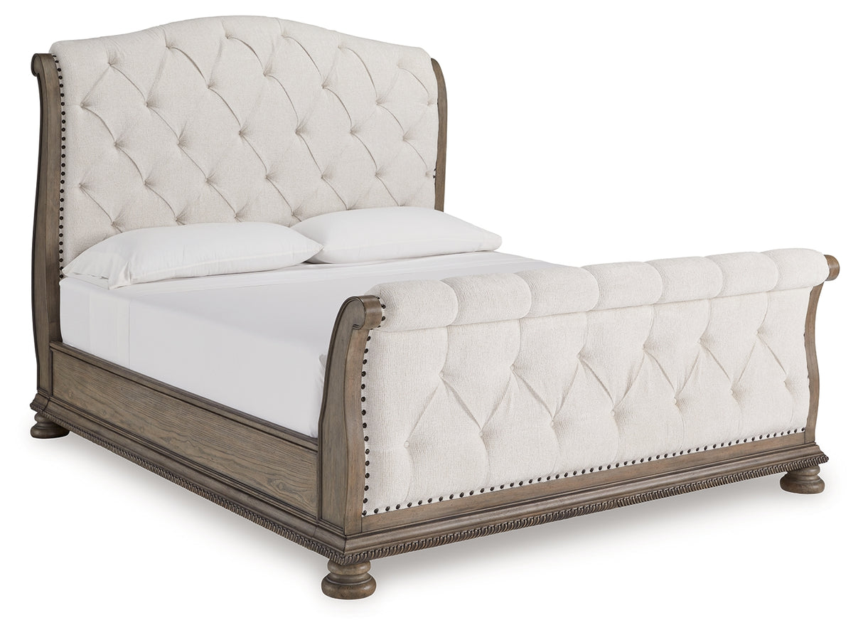 Ardenfield King Upholstered Sleigh Bed with Mirrored Dresser in Light Brown from Ashley Furniture - Luna Furniture