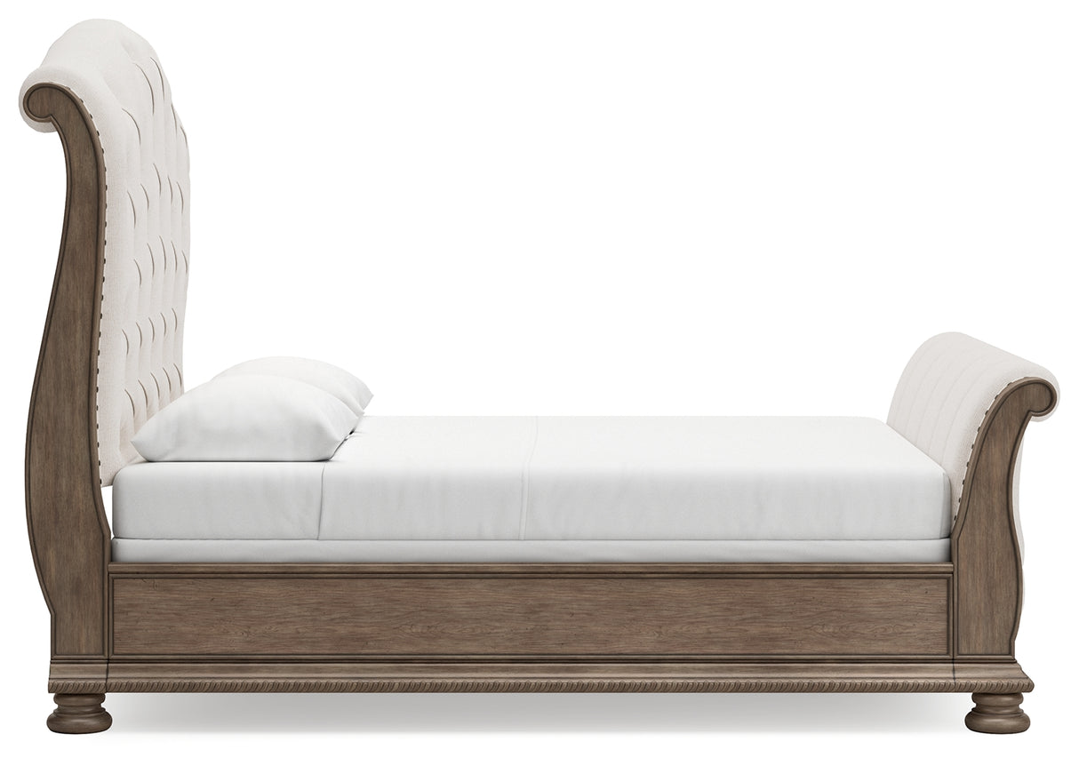 Ardenfield Queen Upholstered Sleigh Bed with Mirrored Dresser in Light Brown from Ashley Furniture - Luna Furniture