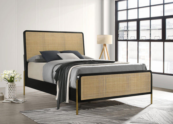 Arini Black and Natural Rattan California King Panel Bed