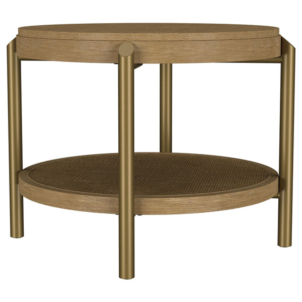 Arini Sand Wash Round End Side Table With Storage Shelf