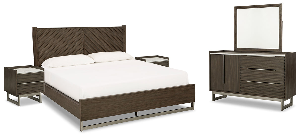 Arkenton California King Panel Bed with Mirrored Dresser and 2 Nightstands in Grayish Brown from Ashley - Luna Furniture