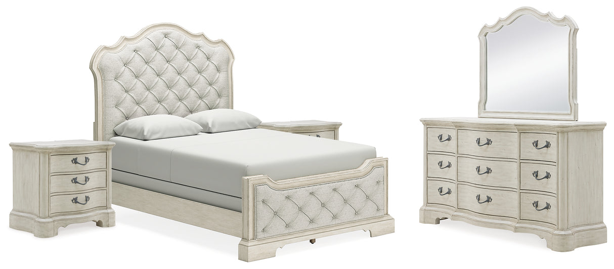 Arlendyne Queen Upholstered Bed with Mirrored Dresser and 2 Nightstands in Antique White from Ashley - Luna Furniture
