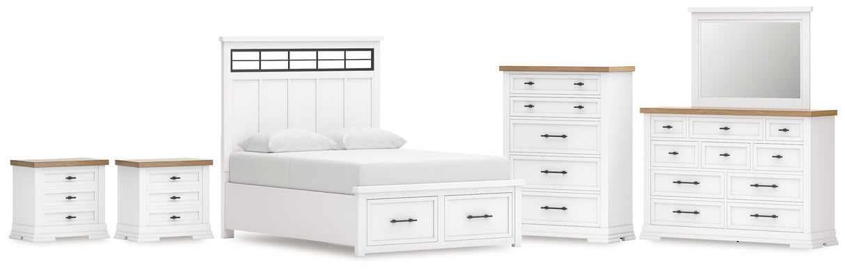 Ashbryn Queen Panel Storage Bed with Mirrored Dresser, Chest and 2 Nightstands in White/Natural from Ashley - Luna Furniture