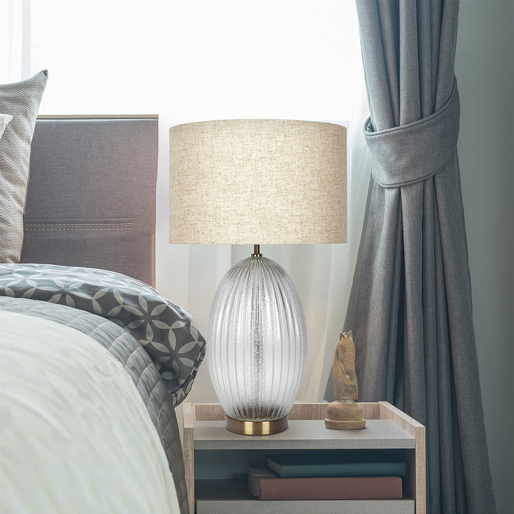 Aurora Ribbed Glass Lamp Base Clear Table Lamp Large Linen Shade from Midinmod - Luna Furniture