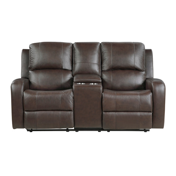 Austin Brown Genuine Leather Double Reclining Loveseat with Center Console