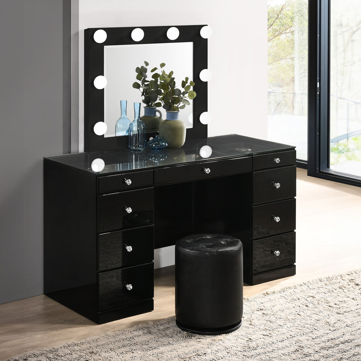 Avery Black Makeup Vanity Set with Lighted Mirror - Luna Furniture Avery Black Makeup Vanity Set with Lighted Mirror - Luna Furniture