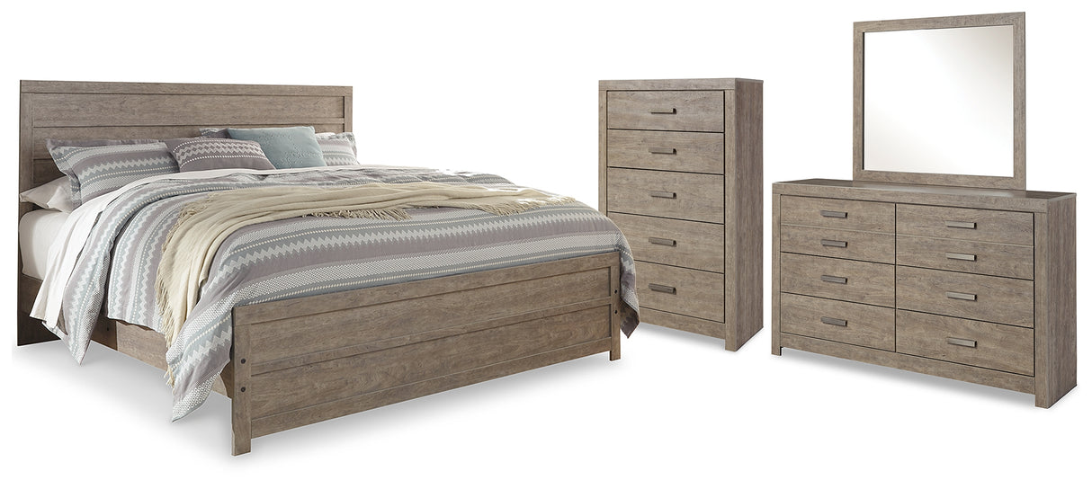 Culverbach King Panel Bed with Mirrored Dresser and Chest in Gray from Ashley - Luna Furniture