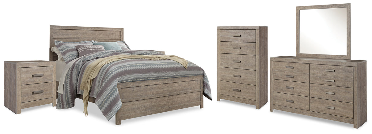 Culverbach Queen Panel Bed with Mirrored Dresser, Chest and 2 Nightstands in Gray from Ashley - Luna Furniture