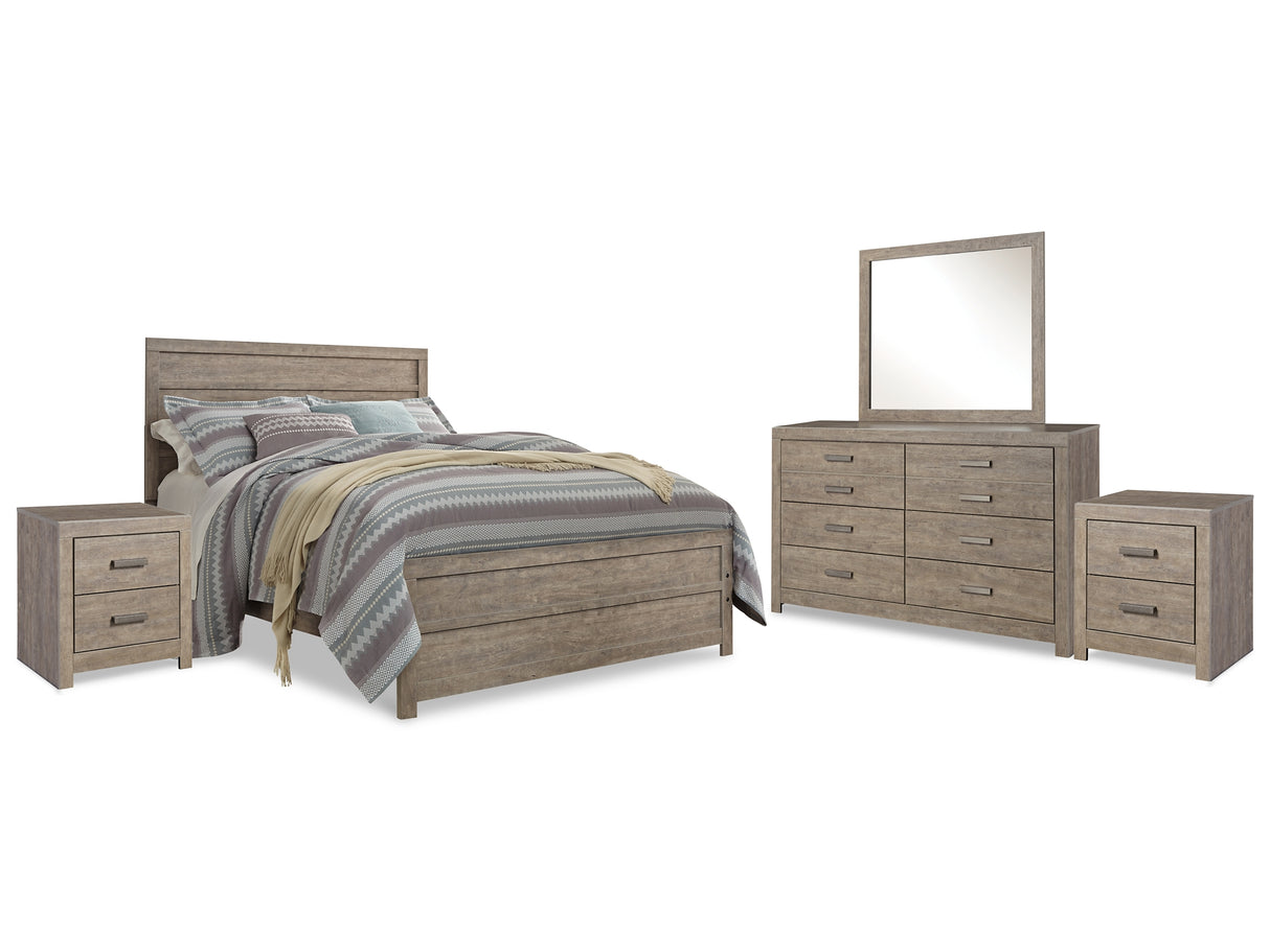 Culverbach Queen Panel Bed with Mirrored Dresser and 2 Nightstands in Gray from Ashley Furniture - Luna Furniture